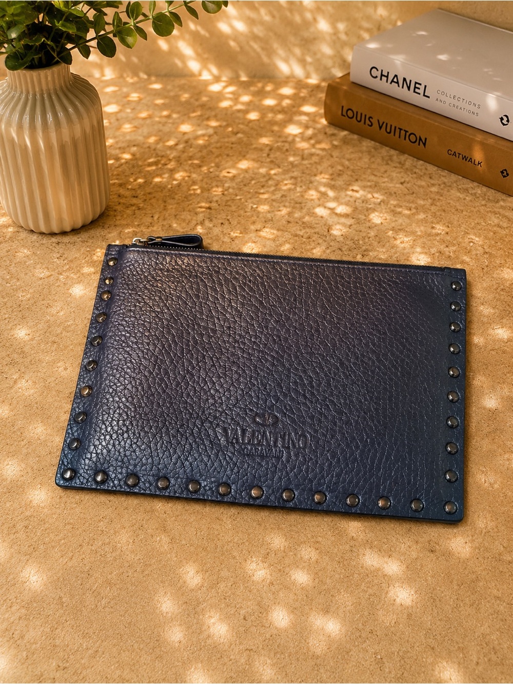 Valentino Navy Stud-Trim Leather Zip Card & Key Pouch